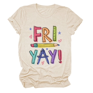 Close-up of beige t-shirt featuring pencil and ruler themed Fri-Yay graphic print