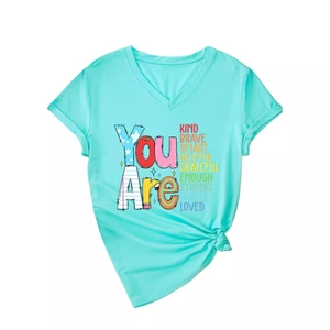 Women's V-neck aqua t-shirt with You Are Kind Brave Smart print and stylish side knot