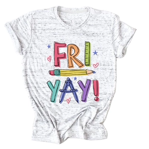 Detailed view of Fri-Yay graphic print with pencil and ruler on heather grey t-shirt