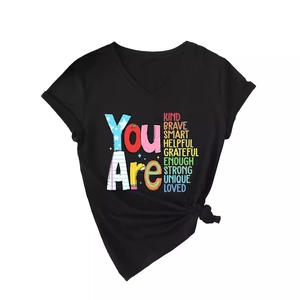 Women's V-neck black T-shirt featuring You Are Kind Brave Smart inspirational text