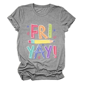 Close-up of grey T-shirt with Fri-Yay school print showing fabric texture and detail