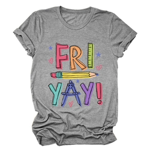 Close-up of grey crew neck T-shirt featuring school stationery and FRI YAY! print