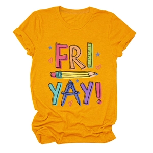 Detail of soft cotton yellow t-shirt featuring school themed Fri Yay pencil print
