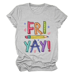 Close-up detail of 'FRI YAY!' pencil and ruler print on soft heather grey crew neck t-shirt