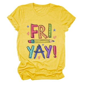 Close-up of heather yellow t-shirt with school ruler pencil print and Fri Yay text