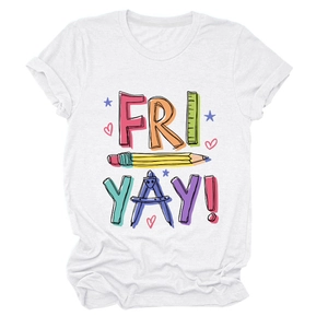 Close-up of FRI-YAY print with ruler and pencil graphics on white cotton T-shirt