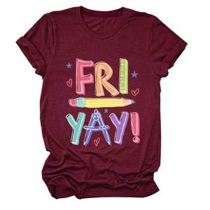 Heathered burgundy t-shirt with colorful Fri Yay and pencil stationery print
