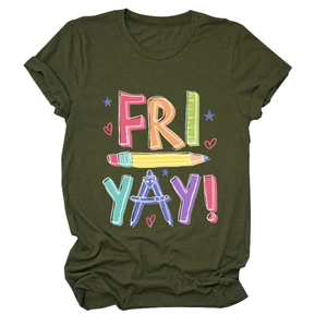 Army green round neck T-shirt featuring FRI YAY ruler and pencil graphic print