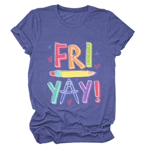 Detail of soft knit purple t-shirt featuring Fri Yay pencil and ruler school print