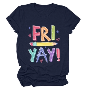 Detailed flat lay of navy t-shirt featuring rainbow Fri Yay stationery print and cotton texture