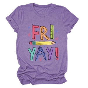 Detail of purple cotton T-shirt featuring ruler and pencil Fri Yay graphic print