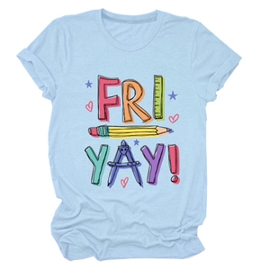 Detail of light blue t-shirt with FRI YAY ruler pencil graphic print and rolled sleeves