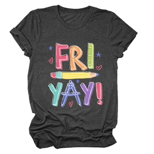 Detailed view of the 'FRI YAY!' ruler and pencil stationery print on dark gray T-shirt