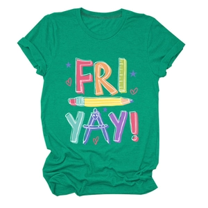Flat lay of a green cotton t-shirt featuring Fri-Yay pencil and ruler graphic print