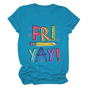 Detail of teal crewneck t-shirt with 'FRI YAY!' school stationery pencil and ruler print