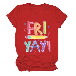 Close-up of school themed graphics and Fri Yay text on a red cotton t-shirt