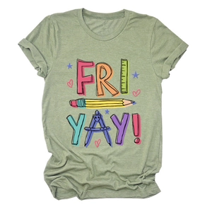 Close-up of sage green T-shirt featuring colorful Fri Yay ruler and pencil graphics