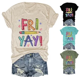 Women's Casual Cotton Blend T-Shirt With Fun Ruler Pencil Print Loose Fit Round Neck Short Sleeve Top For School Daily