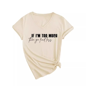 Damen V-Ausschnitt T-Shirt in Beige mit Aufdruck und modischem Knotendetail am Saum
