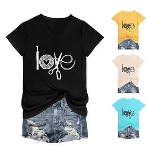 T-Shirt Femme Col En V Manches Courtes Imprimé Graphique Love Coton Polyester Décontracté Été Street Top Nœud
