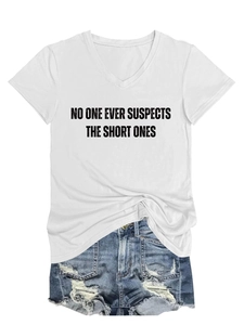 Detail of white V-neck T-shirt with No One Ever Suspects The Short Ones text print