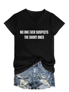 Detail of V-neck cotton T-shirt with No One Ever Suspects The Short Ones print