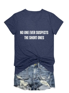 Detail of V-neck T-shirt with white slogan and distressed ripped denim shorts set