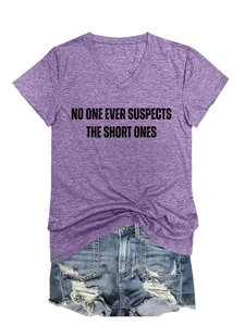 Detail of purple V-neck T-shirt with black letter print and distressed denim shorts