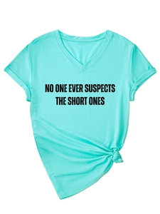 Detail of V-neck Tiffany blue T-shirt with black text print and casual front knot detail