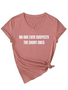 Detail of V-neck T-shirt with 'NO ONE EVER SUSPECTS THE SHORT ONES' text and side knot