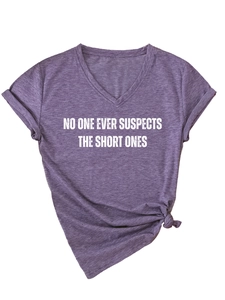 Detail of purple V-neck t-shirt with slogan print and stylish front knot design