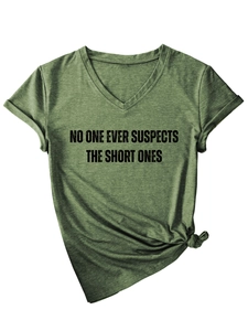 Detail of grey-green V-neck T-shirt with letter print and stylish side knot design