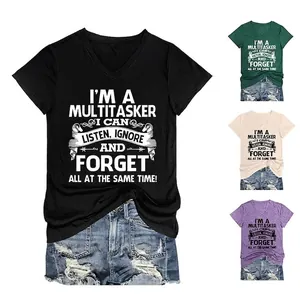 T-Shirt Femme Col en V Manches Courtes Imprimé Slogan Décontracté Mélange Coton Été Multitasker Graphique Haut