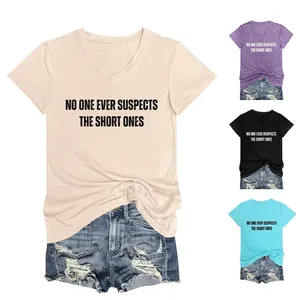 Women V-Neck Short Sleeve T-Shirt Cotton Polyester Funny Slogan Print Loose Casual Side Tie Knot Summer Top Fashion