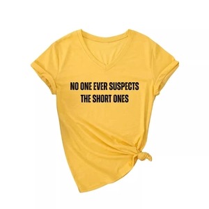Bright yellow V-neck t-shirt with NO ONE EVER SUSPECTS THE SHORT ONES funny slogan