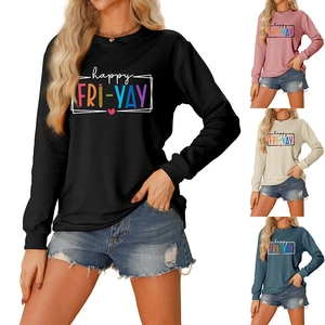 Detail view of happy fri-yay sweatshirt in black, pink, beige and blue colors