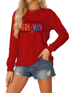Detail of red crewneck sweatshirt featuring colorful happy FRI-YAY letter print and hearts