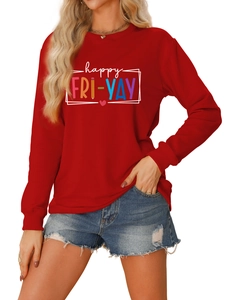 Detail of red crewneck sweatshirt featuring colorful Happy Fri-Yay letter print on chest