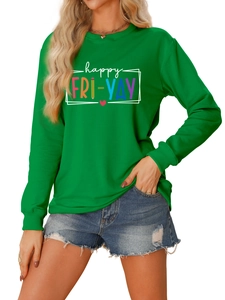 Detail of happy FRI-YAY lettering and heart print on a green crewneck sweatshirt