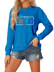 Close-up of royal blue sweatshirt featuring colorful happy FRI-YAY letter print detail