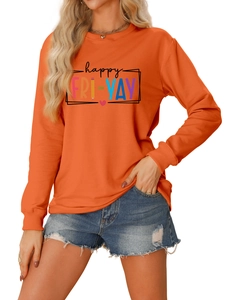 Detail of orange crewneck sweatshirt with colorful happy FRI-YAY lettering and heart