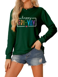 Detail of Happy Fri-Yay letter print and ribbed cuffs on dark green crewneck sweatshirt