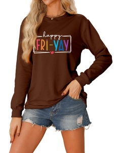 Detail of happy FRI-YAY lettering and heart design on brown crewneck sweatshirt