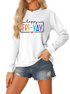 Detail of Happy FRI-YAY printed graphics on white long sleeve crewneck sweatshirt