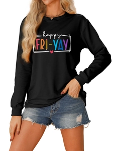 Close-up of the rainbow happy FRI-YAY print and heart on a black crewneck sweatshirt