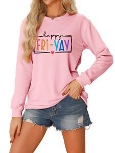 Detailed close-up of the happy fri-yay lettering on a pink crewneck sweatshirt for women