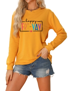 Detail of happy fri-yay colorful graphic print on ginger yellow crewneck sweatshirt
