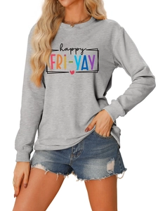 Detail of happy FRI-YAY lettering with pencil and heart graphics on a gray sweatshirt