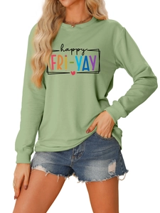 Close-up of sage green sweatshirt with colorful happy FRI-YAY print and soft fabric detail
