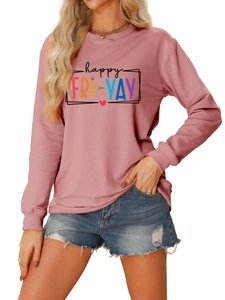 Detail of happy fri yay graphic print on pink crewneck sweatshirt with ribbed cuffs
